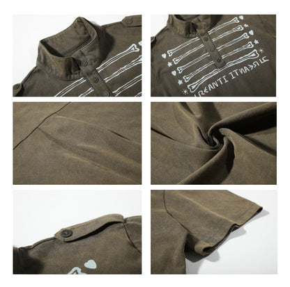 Illusion Print Stand-Collar Polo Shirt – Heavyweight Distressed Streetwear Tee