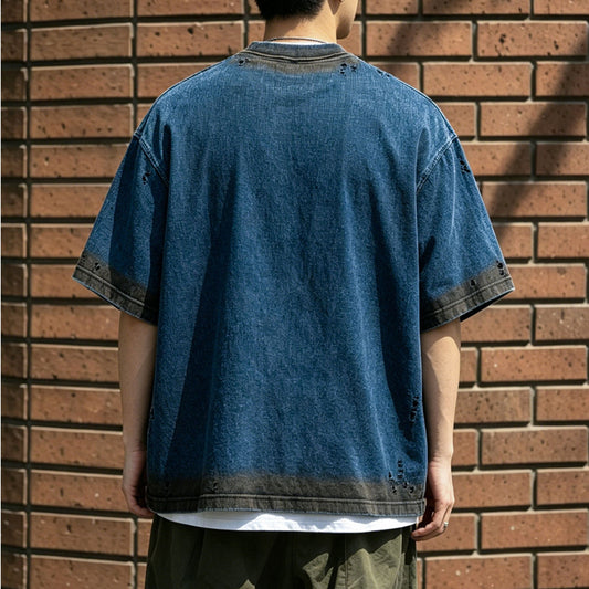 American Vintage Indigo Washed Distressed Letter Print T-Shirt - Loose Drop Shoulder Unisex Tee