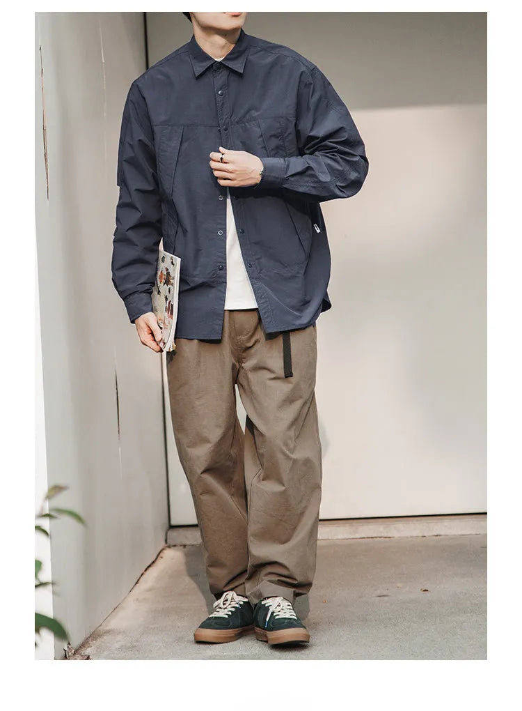 Japanese Workwear Pleated Layered Long-Sleeve Shirt Jacket – Cleanfit Silhouette Men’s Spring Autumn – Japanese vintage | yamalin clothes | Yamalinclothes