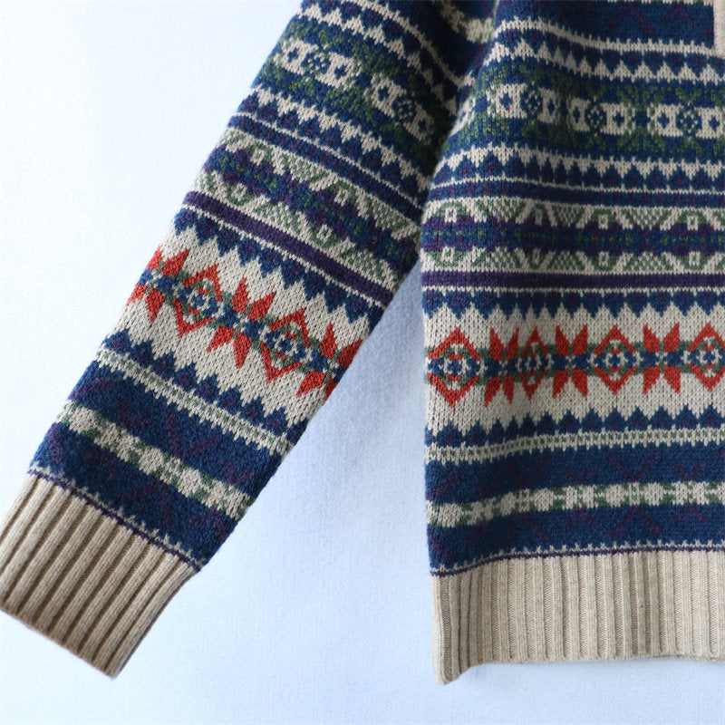100% Wool Half-Zip Jacquard Stripe Sweater – Men's Ethnic Knit Pullover Khaki