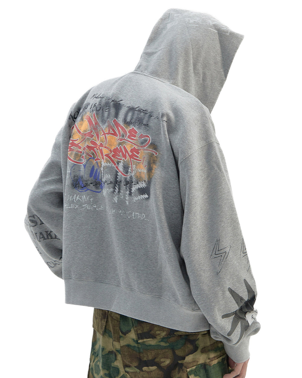 Vintage Distressed Letter Print Zip-Up Hoodie – Oversized Hip-Hop Sweatshirt