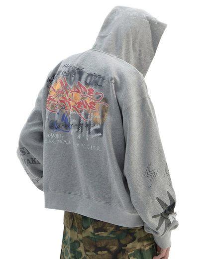 Vintage Distressed Letter Print Zip-Up Hoodie – Oversized Hip-Hop Sweatshirt
