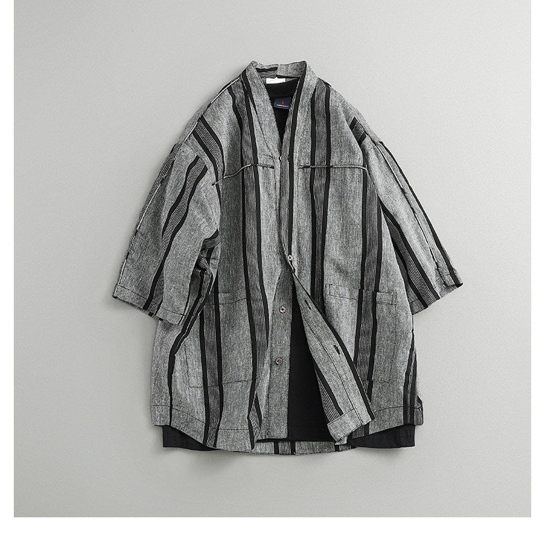 Japanese Retro Striped Shirt Jacket – Loose Fit Haori Style Outerwear for Men – Japanese vintage | yamalin clothes | Yamalinclothes