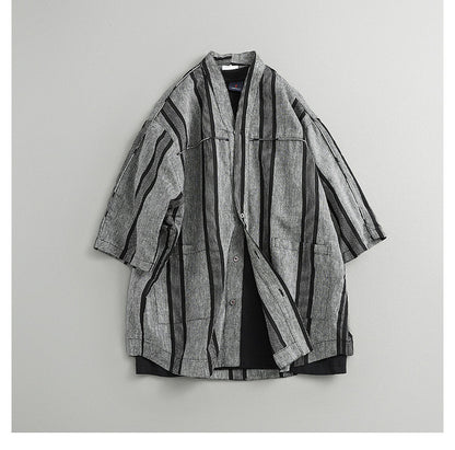 Japanese Retro Striped Shirt Jacket – Loose Fit Haori Style Outerwear for Men – Japanese vintage | yamalin clothes | Yamalinclothes