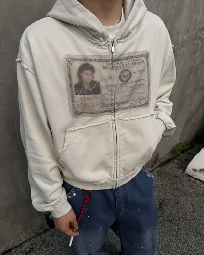 EssorNovus Michael Jackson passport print raw edge old zip hoodie sweatshirt
