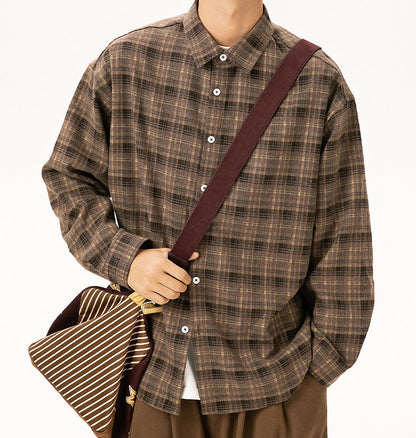 Japanese Vintage Contrast Plaid Long Sleeve Shirt – Loose Unisex Casual