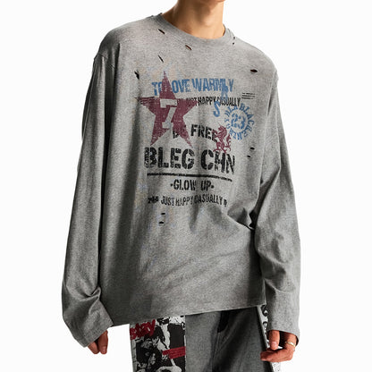 Vintage Distressed Ripped Long-Sleeve T-Shirt – Oversized Unisex Graphic Pullover Top