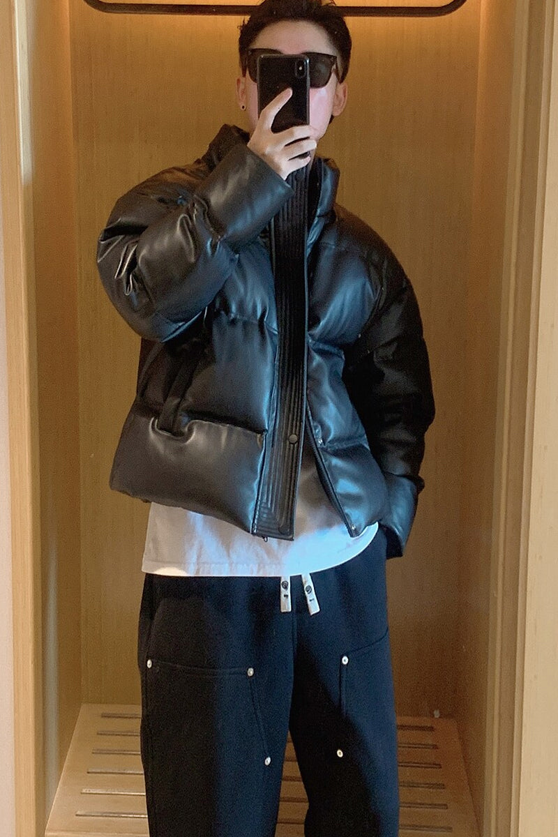 Faux Leather Down Jacket – Short Fit & Stand Collar | Yamalinclothes