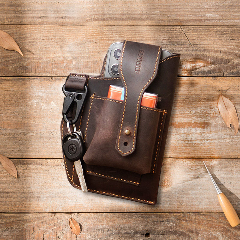 Crazy Horse Leather Phone Waist Bag – Retro Men's Belt Bag