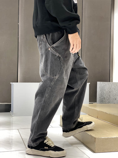 Japanese Washed Distressed Cropped Jeans – Elastic Waist Relaxed Fit Streetwear