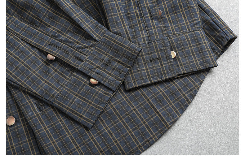 Japanese Retro Plaid Shell Buckle Long Sleeve Shirt – Loose Versatile Cotton Shirt for Men – Japanese vintage | yamalin clothes | Yamalinclothes