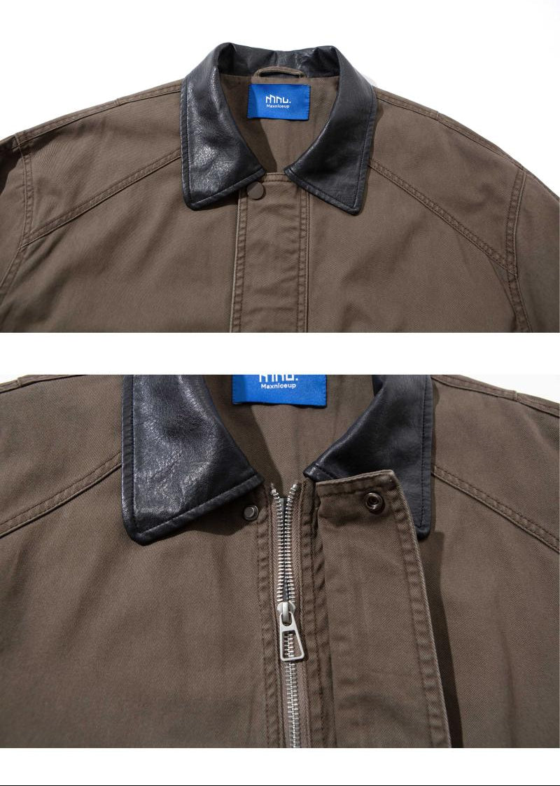 Leather Collar Patchwork Lapel Jacket – Vintage Cargo Cropped Unisex