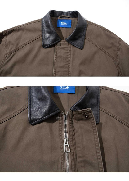 Leather Collar Patchwork Lapel Jacket – Vintage Cargo Cropped Unisex