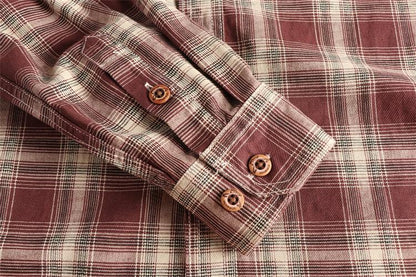 Japanese Plaid Workwear Shirt – Men's Washed Cotton Large Pocket Long-Sleeve