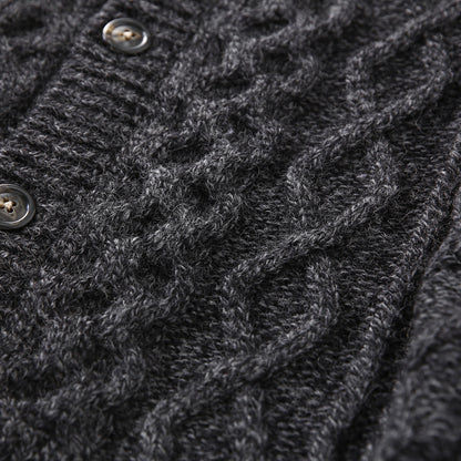 80% Wool Cable Knit Cardigan – Men's Stand Collar Raglan Sleeve Sweater