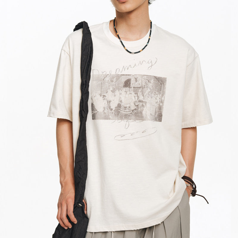 Two-Tone White Ink Print Crew Neck T-Shirt – Cool Feel Short Sleeve Japanese Streetwear for Men – Japanese vintage | yamalin clothes | Yamalinclothes