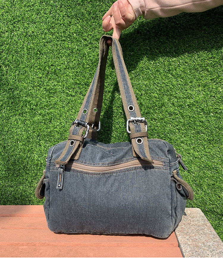 Washed Denim Leather Tote Bag – Vintage 3-Way Shoulder Crossbody Unisex – Bags | japanese streetwear | vintage workwear | unisex | Yamalinclothes
