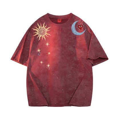 Tie-Dye Sun Moon Print T-Shirt – Loose Unisex Summer Streetwear