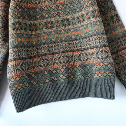 100% Wool Jacquard Stripe Crew Neck Sweater – Men's Thick Knit Pullover