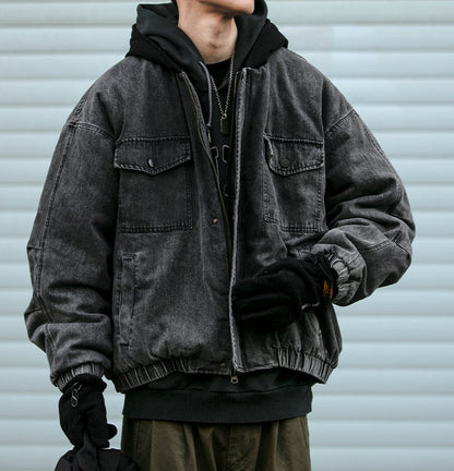 Washed Hooded Denim Patchwork Cotton Jacket – Drop Shoulder Loose Workwear Unisex – Coats Jackets | japanese streetwear | vintage workwear | unisex | Yamalinclothes