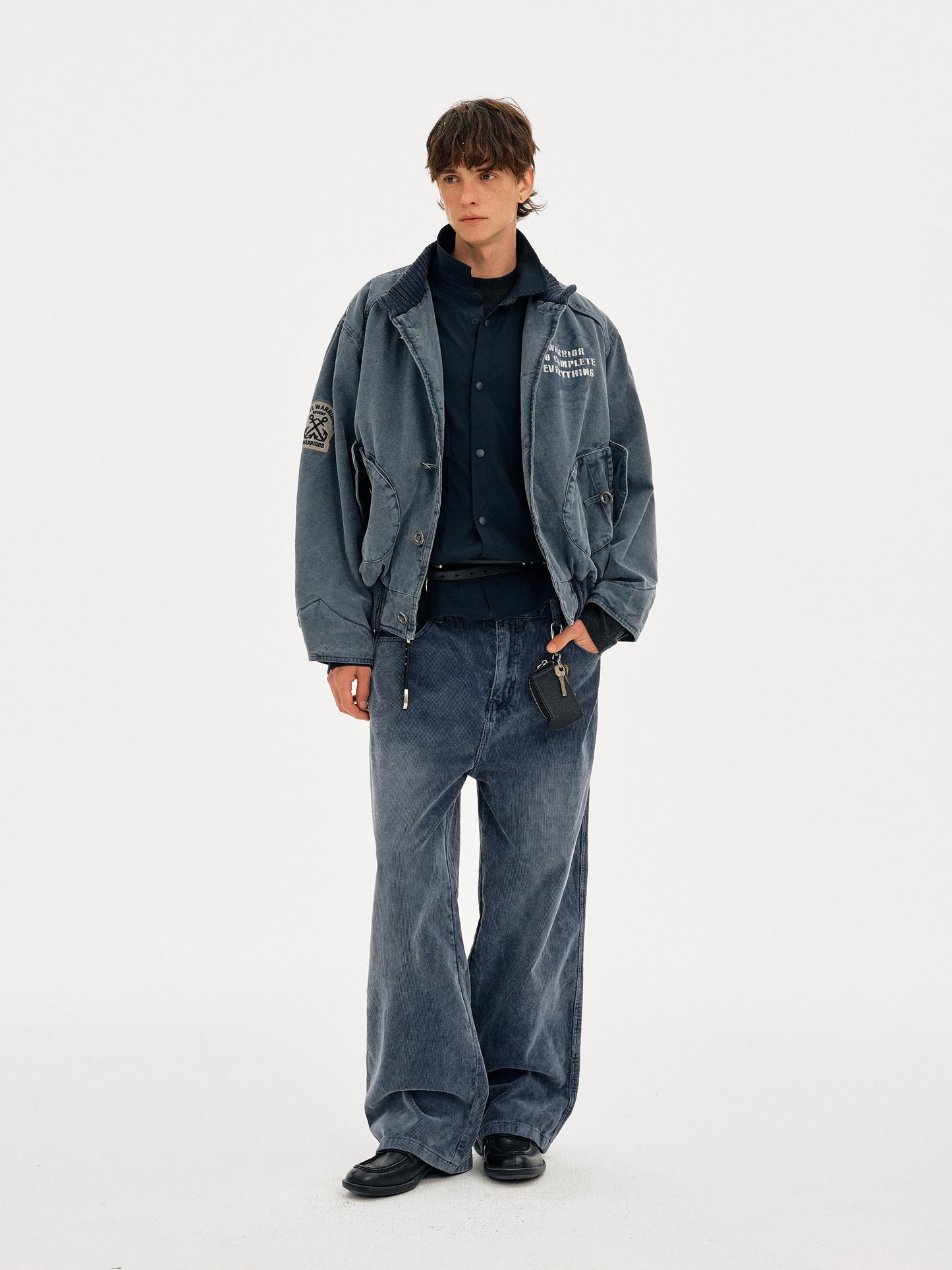 Heavyweight Washed Cotton Stand Collar Workwear Jacket – Oversized Unisex Short Coat
