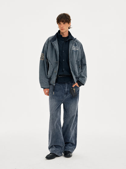 Heavyweight Washed Cotton Stand Collar Workwear Jacket – Oversized Unisex Short Coat