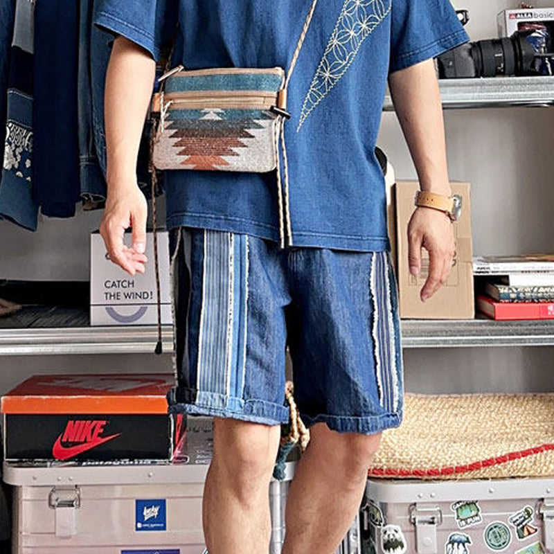Japanese Vintage Patchwork Denim Shorts – Handmade Ethnic Strip Panel Summer Streetwear – Japanese vintage | yamalin clothes | Yamalinclothes