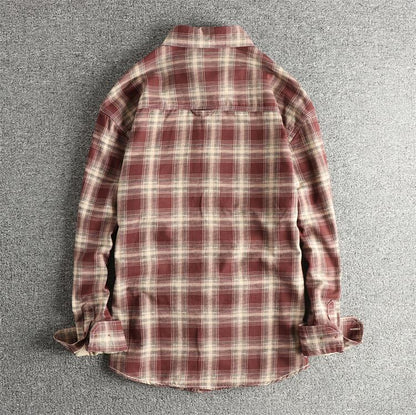 Japanese Plaid Workwear Shirt – Men's Washed Cotton Large Pocket Long-Sleeve