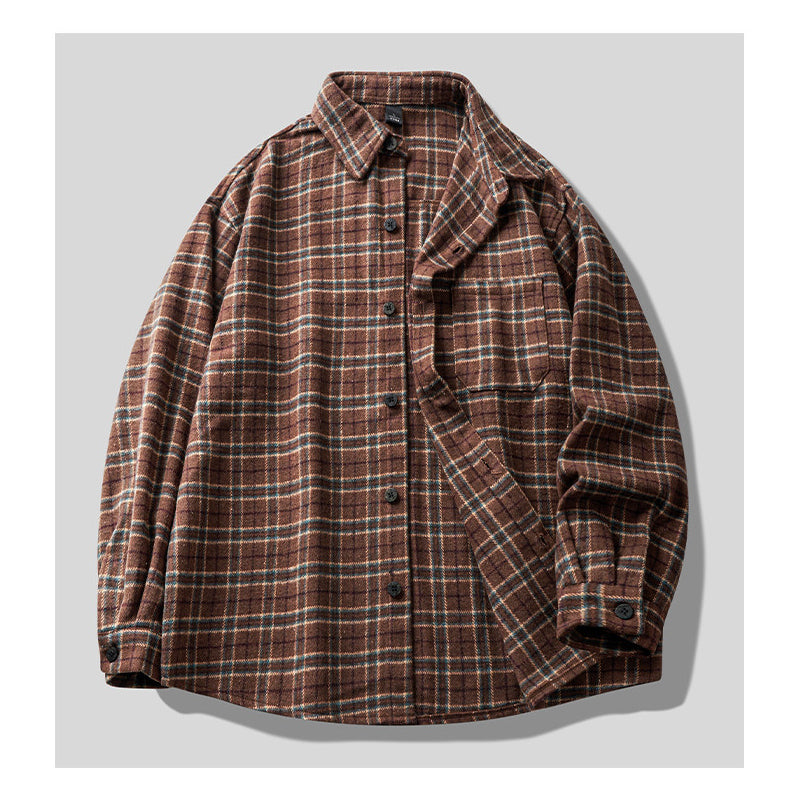 Brushed Plaid Long Sleeve Shirt Jacket – Vintage Loose Unisex Casual