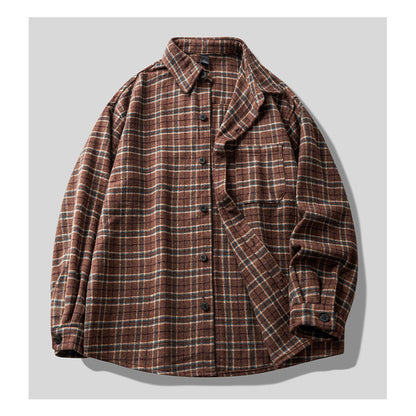 Brushed Plaid Long Sleeve Shirt Jacket – Vintage Loose Unisex Casual