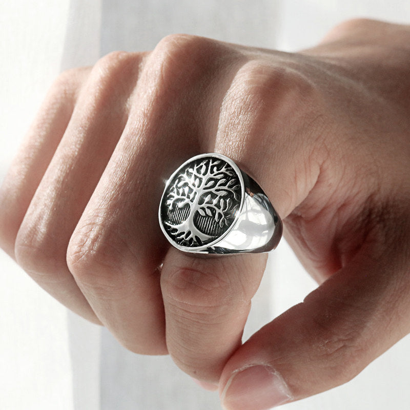 Tree of Life Titanium Steel Ring – Nordic Viking Engraved Men's Statement Ring