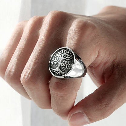 Tree of Life Titanium Steel Ring – Nordic Viking Engraved Men's Statement Ring
