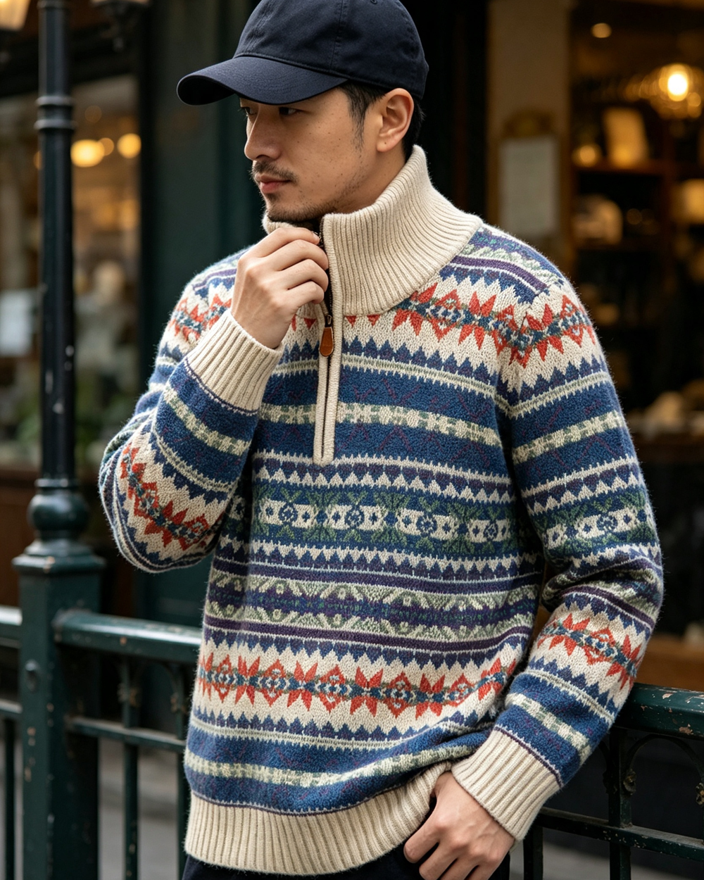 100% Wool Half-Zip Jacquard Stripe Sweater – Men's Ethnic Knit Pullover Khaki