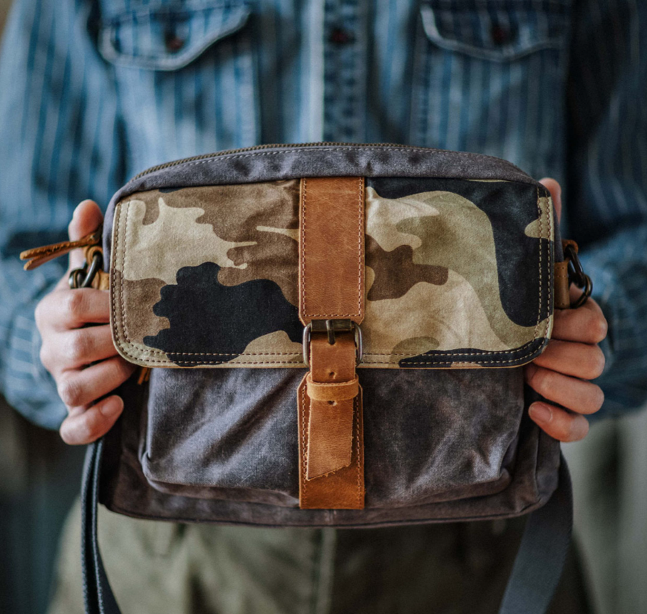 Japanese Vintage Camouflage Canvas Crossbody Bag – Indigo Cowhide Leather Messenger Shoulder Bag
