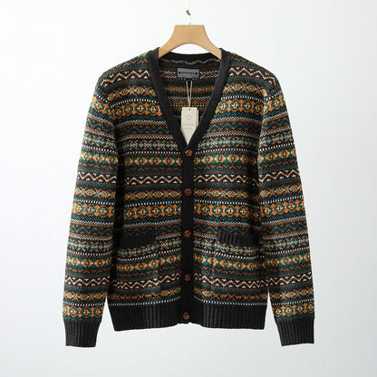 Nordic Fair Isle Knit Cardigan – Wool Blend Jacquard Men – Japanese vintage | yamalin clothes | Yamalinclothes