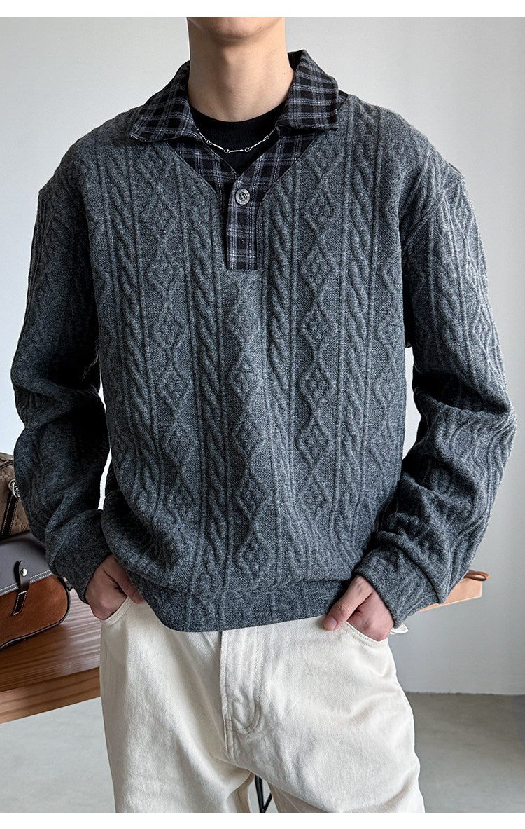 Wool Blend Patchwork Twisted Polo Collar Knit Jacket – Japanese Vintage Unisex – Sweater pullover | japanese streetwear | vintage workwear | unisex | Yamalinclothes