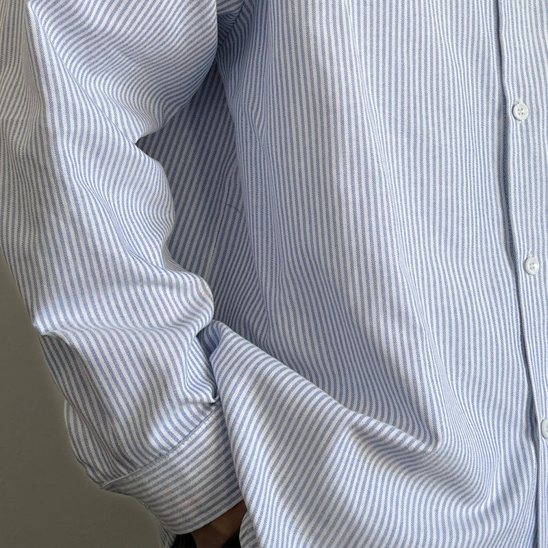 Japanese Vintage Blue & White Striped Oxford Cargo Shirt – Loose Fit Lapel Long Sleeve – Japanese vintage | yamalin clothes | Yamalinclothes