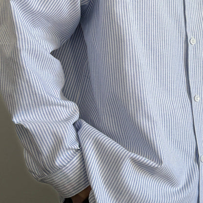 Japanese Vintage Blue & White Striped Oxford Cargo Shirt – Loose Fit Lapel Long Sleeve – Japanese vintage | yamalin clothes | Yamalinclothes