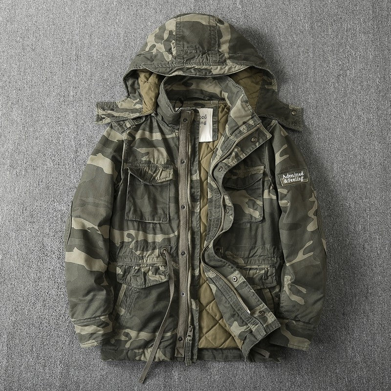 Heavy Distressed Hooded Camouflage Cargo Jacket – Oversized Cotton Outdoor Coat