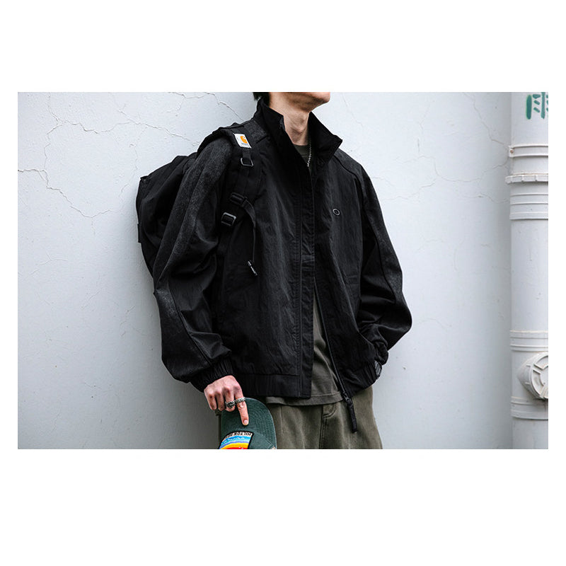 Spliced Textured Stand-Collar Jacket – American Retro Oversized Unisex