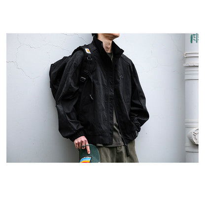 Spliced Textured Stand-Collar Jacket – American Retro Oversized Unisex