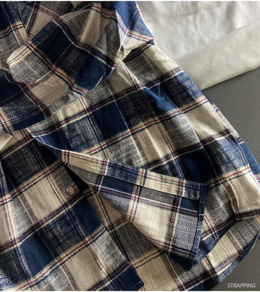 Japanese Vintage Spliced Collar Oversized Plaid Cotton Shirt – Unisex Long-Sleeve Check Shirt – Japanese vintage | yamalin clothes | Yamalinclothes