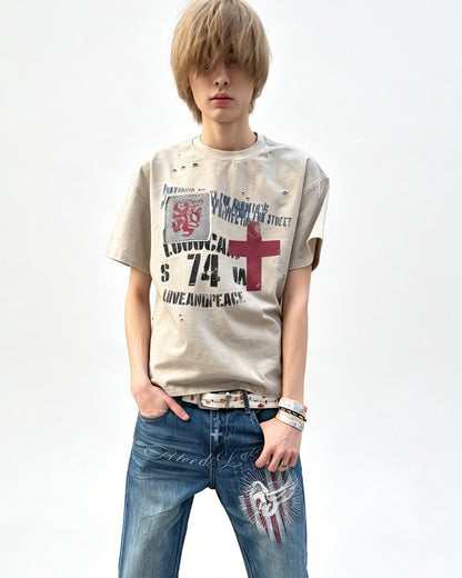 Ripped Washed Slogan Patch T-Shirt – Vintage Loose Unisex Streetwear