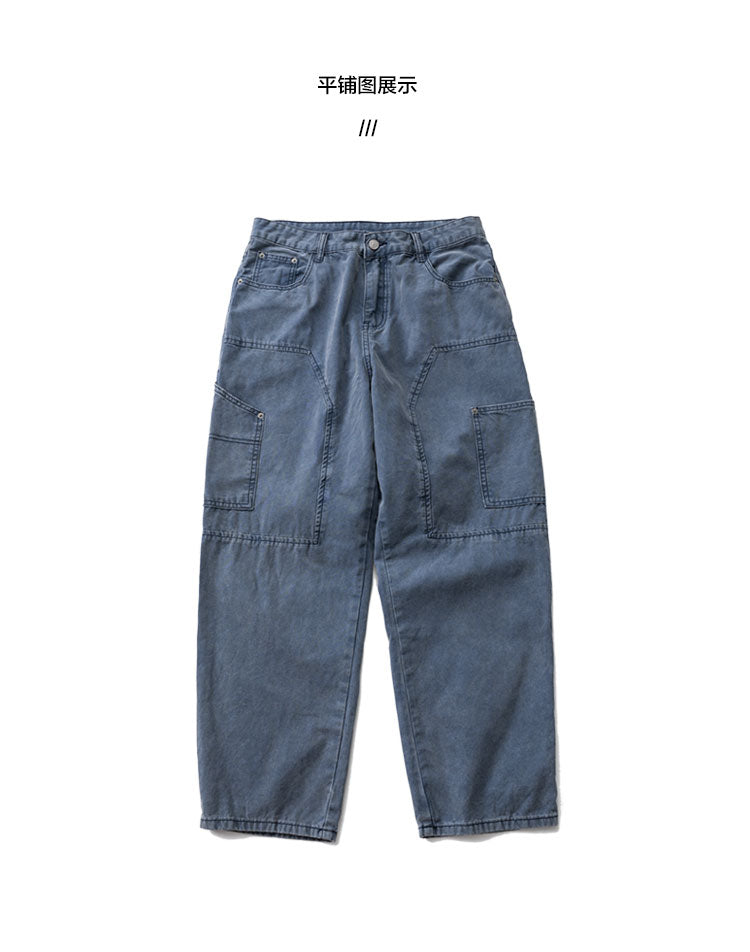 Japanese Retro Washed Beaded Canvas Work Pants – Loose Wide-Leg Unisex