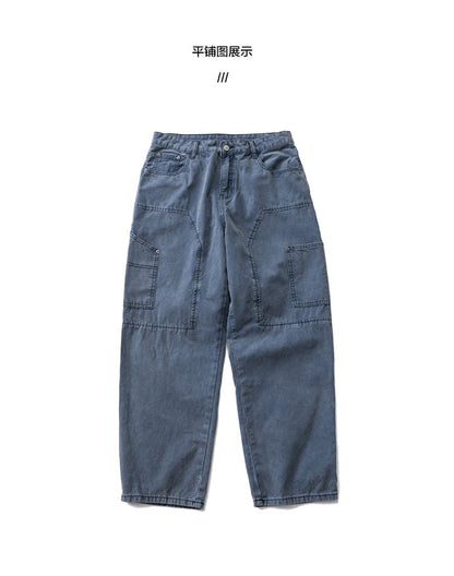 Japanese Retro Washed Beaded Canvas Work Pants – Loose Wide-Leg Unisex