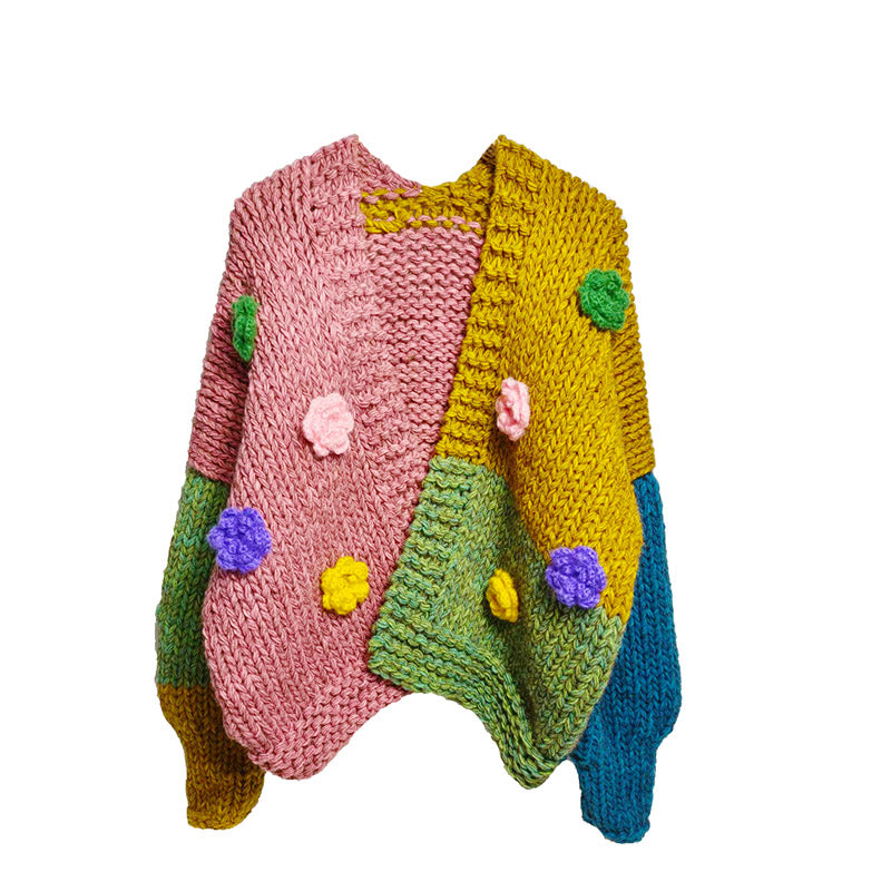 Original Handmade Knitted Lazy Thick Sweater Cardigan for Women Autumn Winter Color Block Patchwork Knitwear