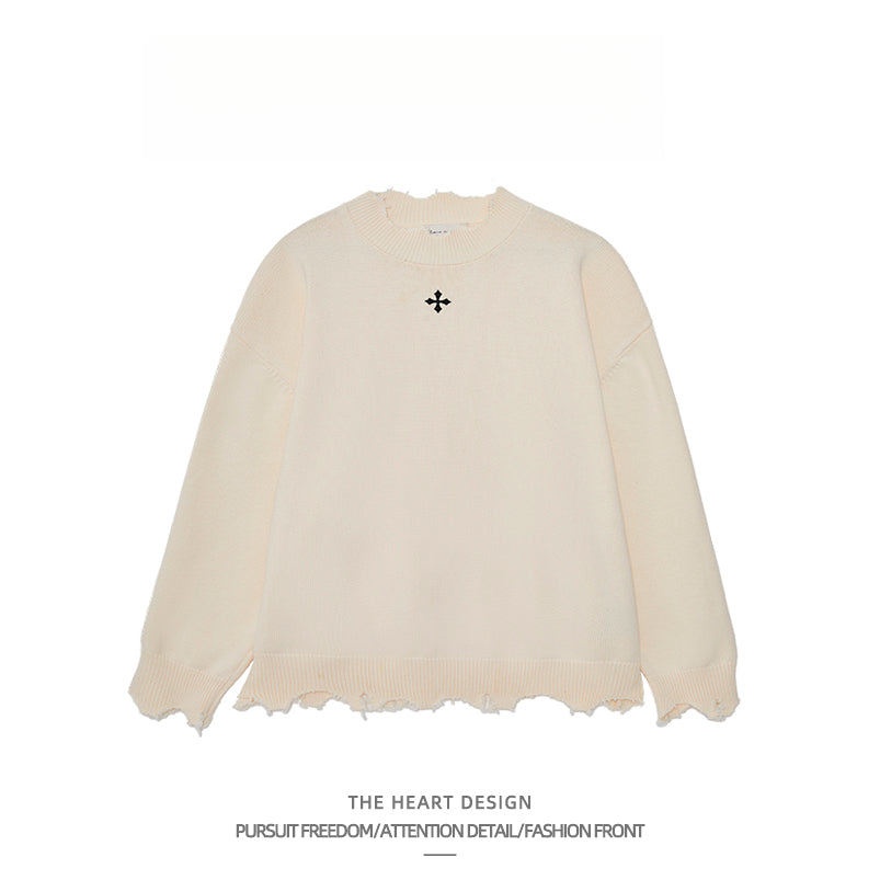 Men's Retro Cross Embroidered Distressed Knit Sweater – High Street American Style Casual Winter Pullover Jacket