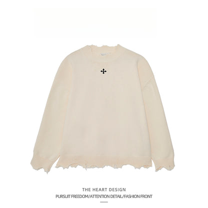 Men's Retro Cross Embroidered Distressed Knit Sweater – High Street American Style Casual Winter Pullover Jacket
