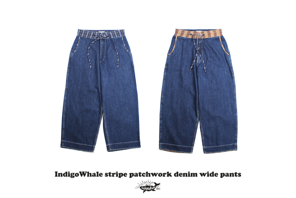 IndigoWhale Bamboo Denim Wide-Leg Patchwork Jeans – Heavy Wash, Drawstring Nine-Point Design