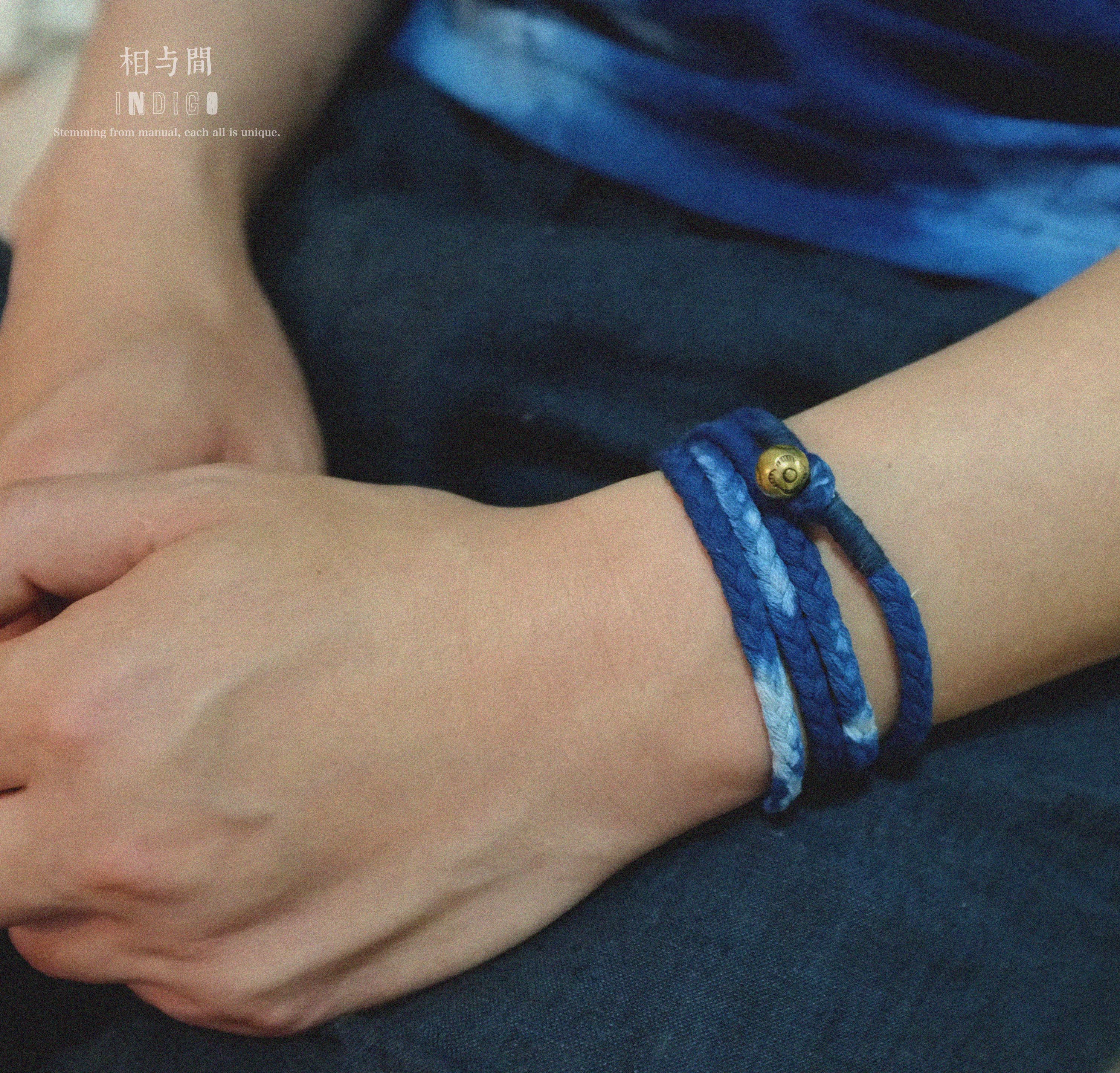 Original Blue Dyed Bracelet Chinese Retro INDIGO Tie-Dye Bracelet Multi-Turn Three-Strand Braided Couple Bracelet